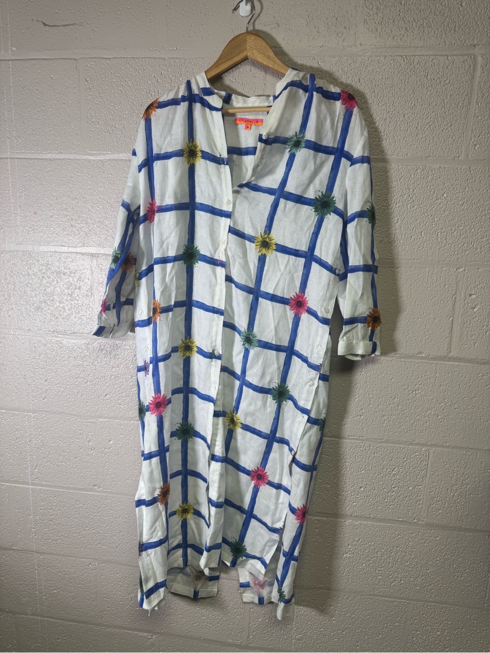 Vilagallo White Midi Dress with Blue Grid and Multicolor Florals